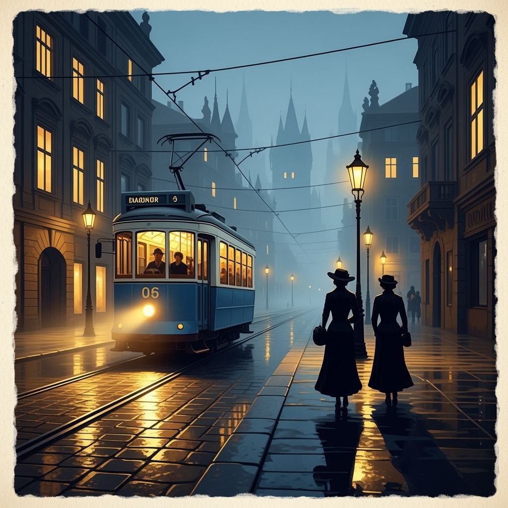 Foggy European Street at Dusk: Vintage Tram Approaches