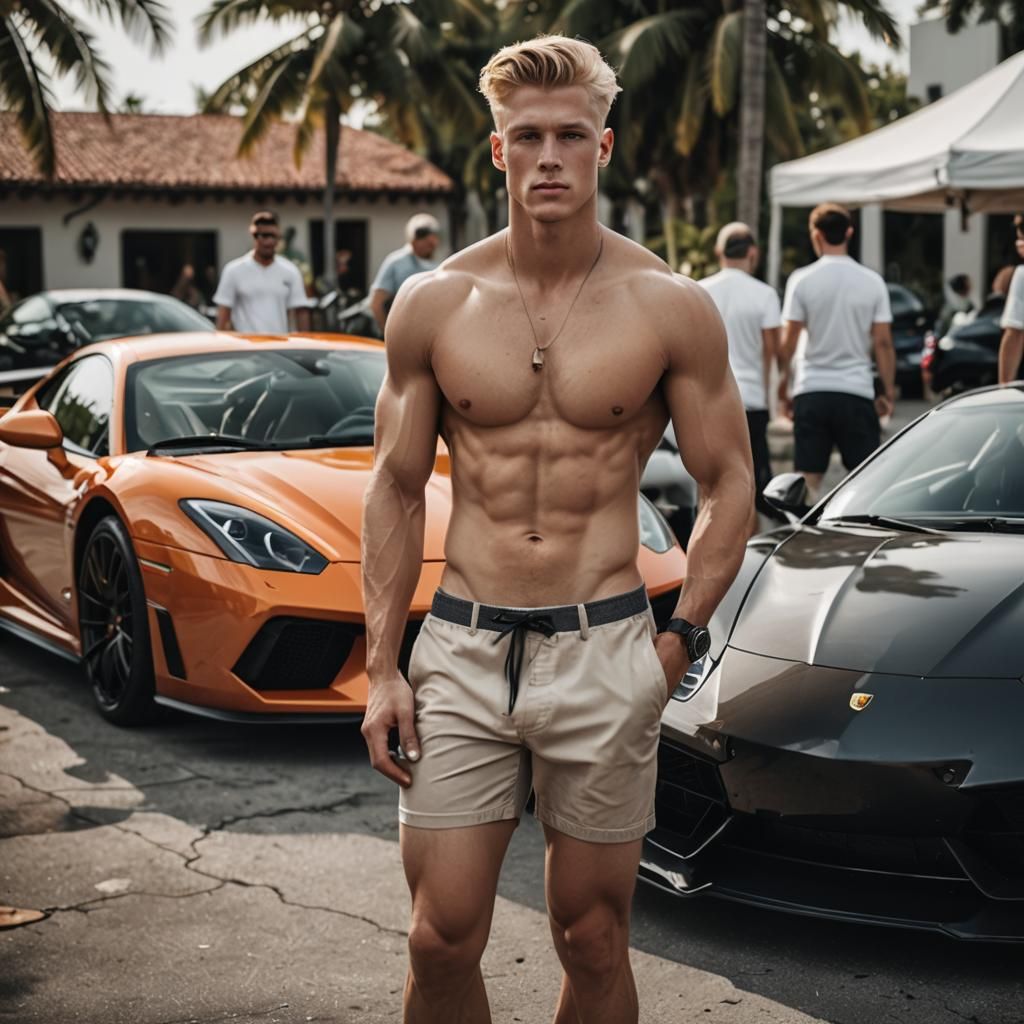 Male Model Posing with Sports Car, 4K Photo