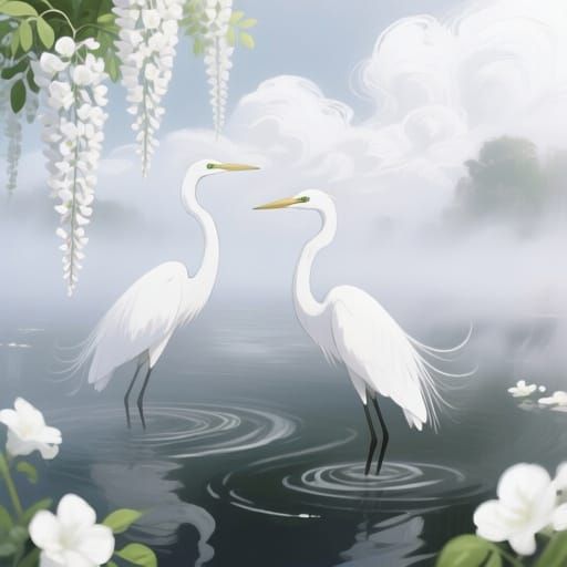 Egrets in Dreamy Fog with Wisteria, Impasto Anime Style