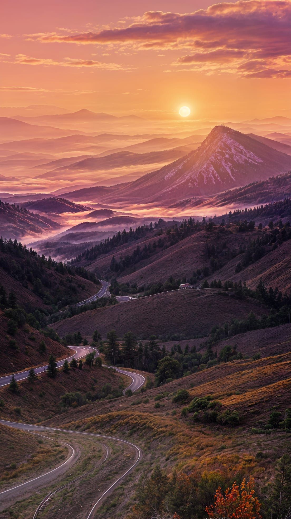 Mountain Road at Sunset in Warm Hues and Soft Light