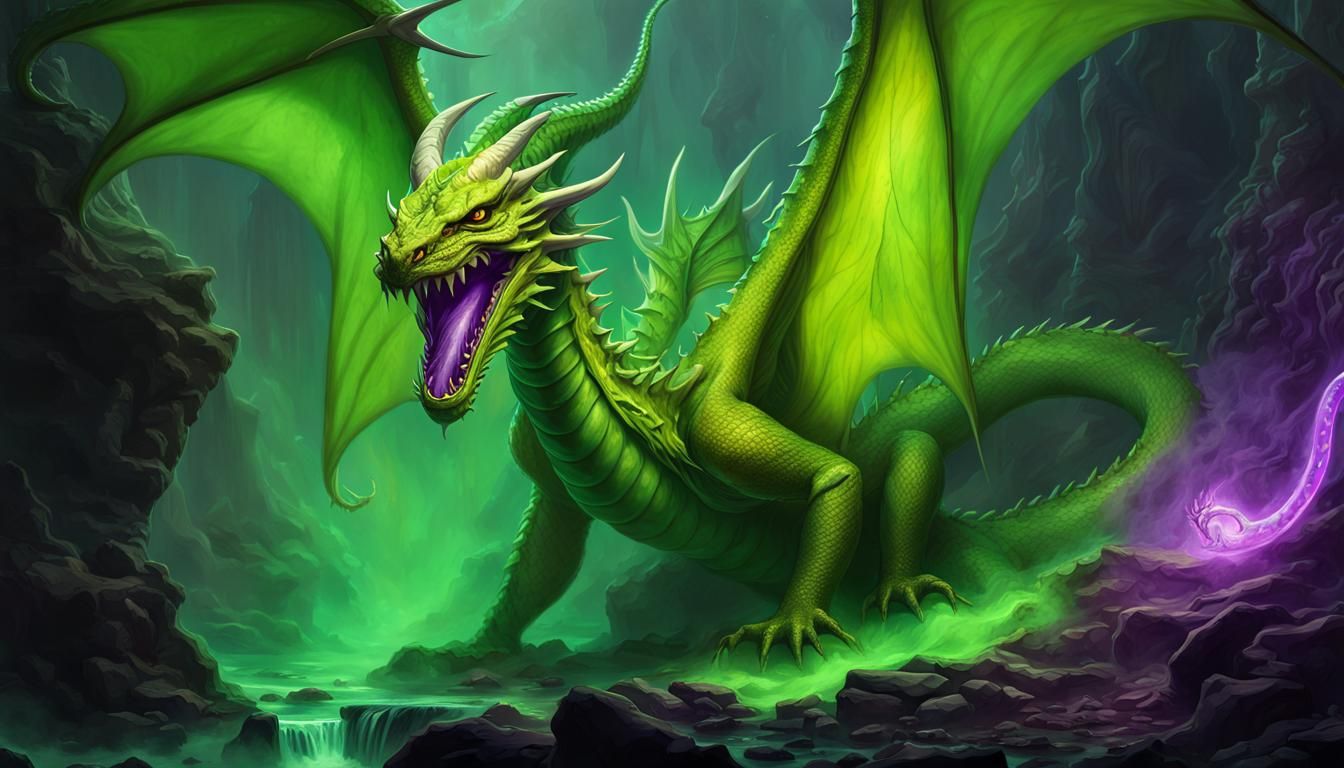 Acid Dragon Spewing Green Fire, Fantasy Art