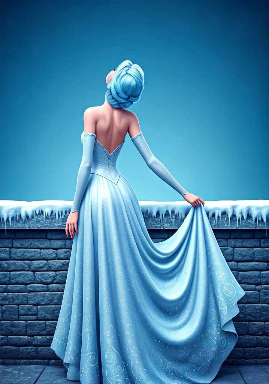 Regal Princess in Icy Blue Hair and White Gown, Frozen in Se...