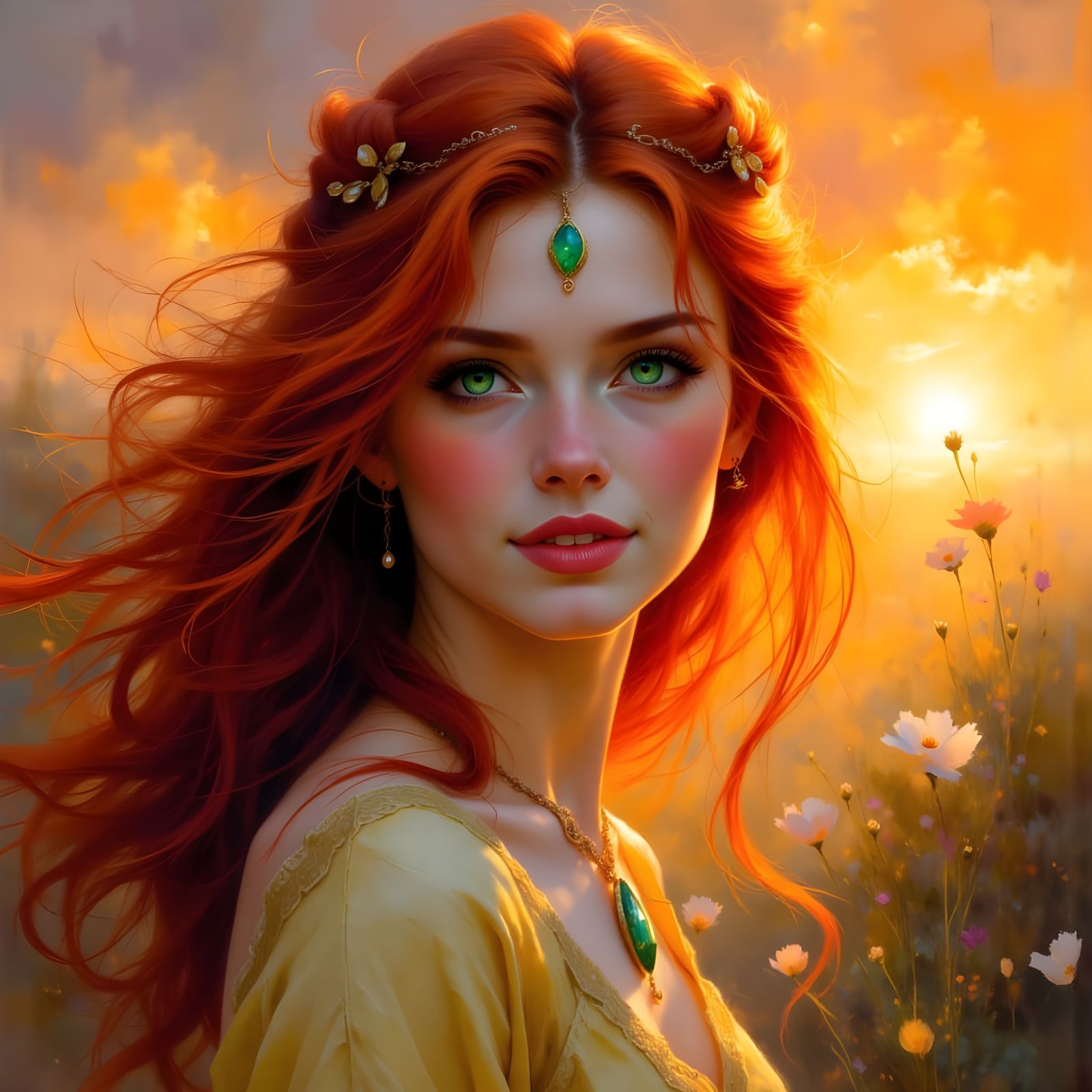 Norse Goddess Portrait with Emerald Pendant