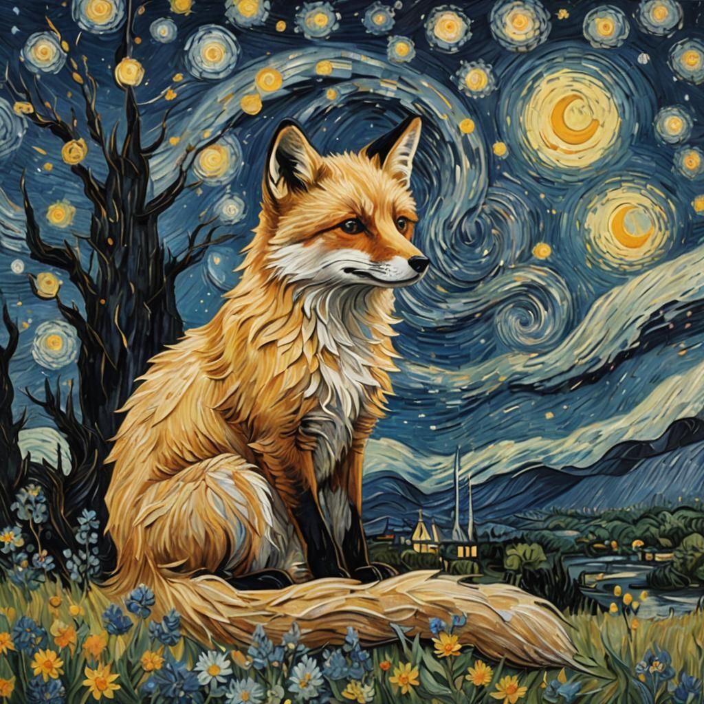 Fox Observes Starry Night Sky in Van Gogh Style