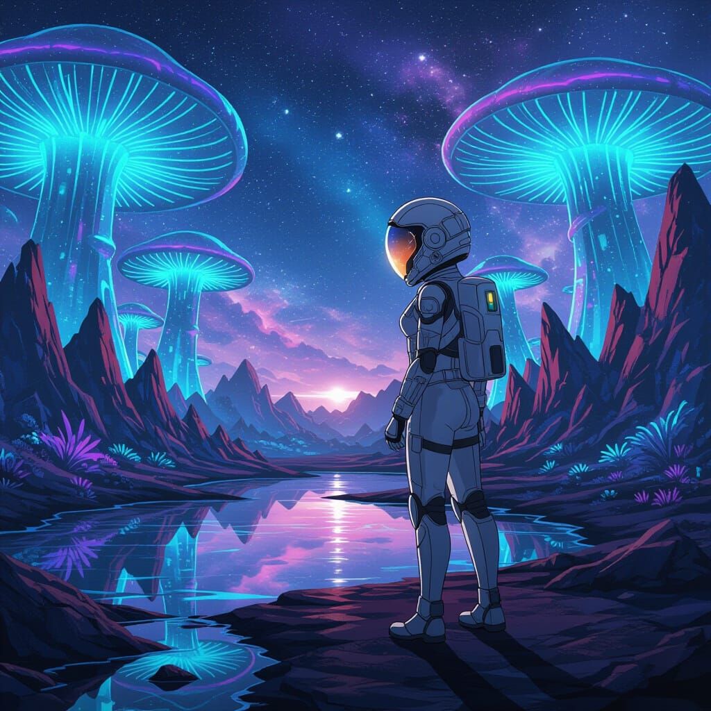 Astronaut Explores Alien World with Bioluminescent Flora