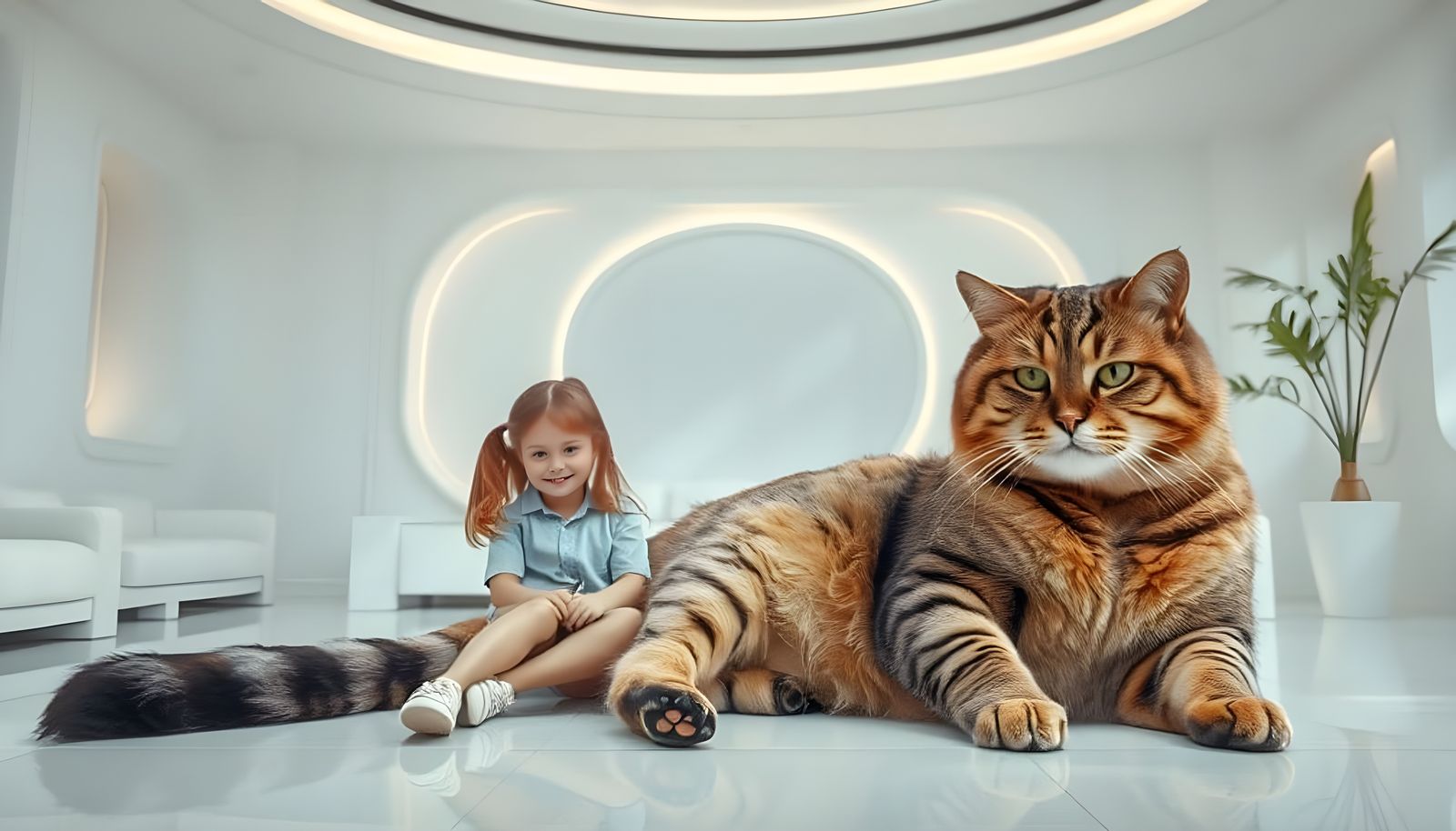 Girl and Oversized Cat in Futuristic Room