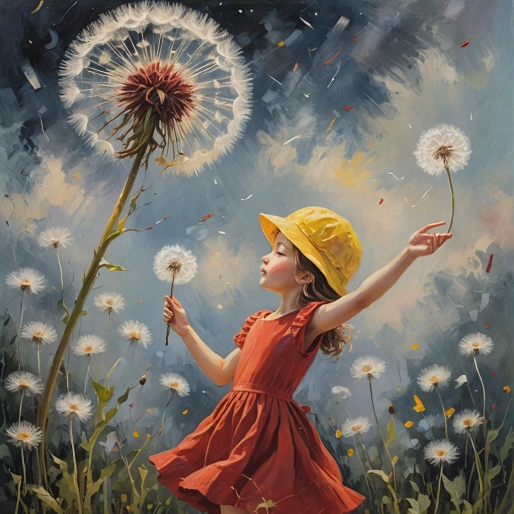 Child Reaching for Dandelion: Impressionist Painting