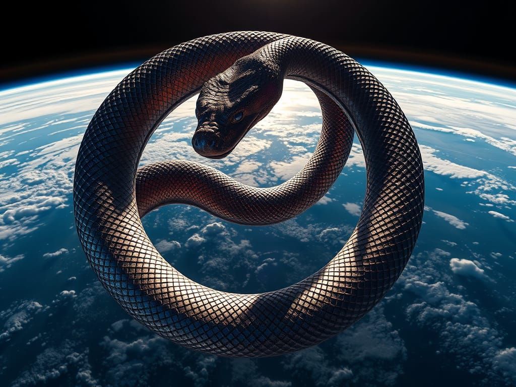 Surreal Hyperrealistic Ouroboros Envelops the Earth in Cosmi...