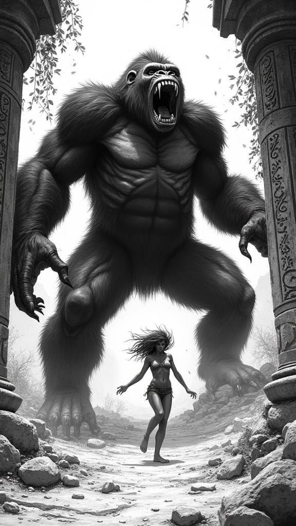 Monstrous Gorilla Exploding Through Ruins in Comic Style