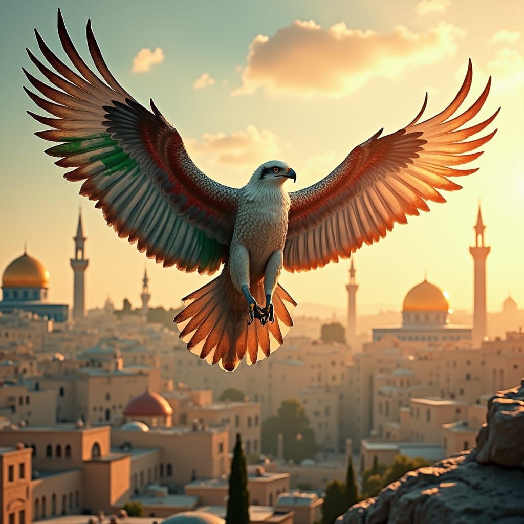 Palestinian Eagle Soaring Over Jerusalem in Digital Art Styl...
