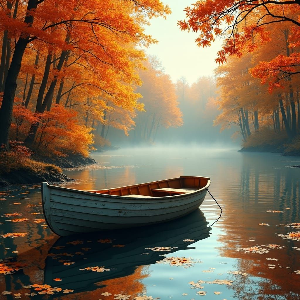 Rowboat on Lake Surrounded by Autumn Trees as Impressionist ...