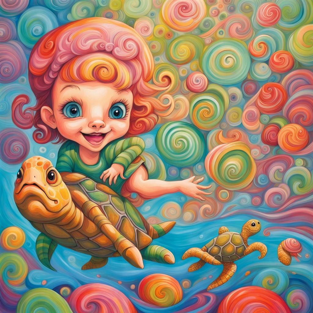 Child and Turtles Play in Candyland Wonderland