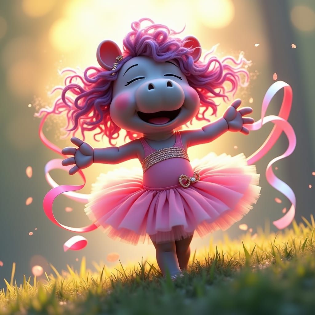 Hippopotamus Girl Dancing with Ribbons: Digital Art