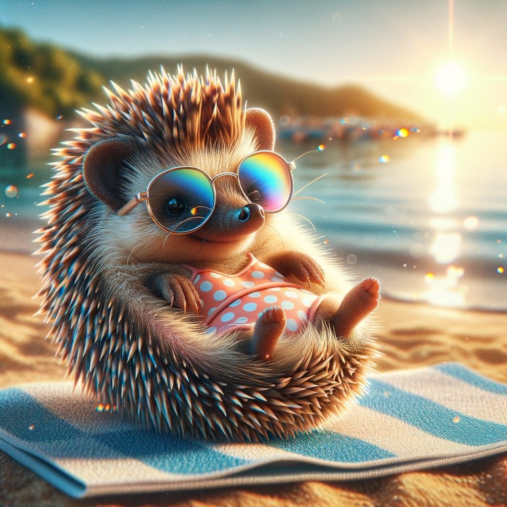 Hedgehog Sunbathing on Beach in Hyperrealistic Digital Art