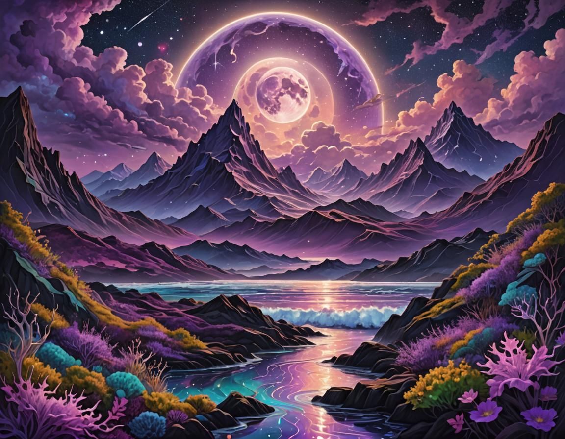 Cosmic Shoreline: Seaweed Symphony Under Moonlight