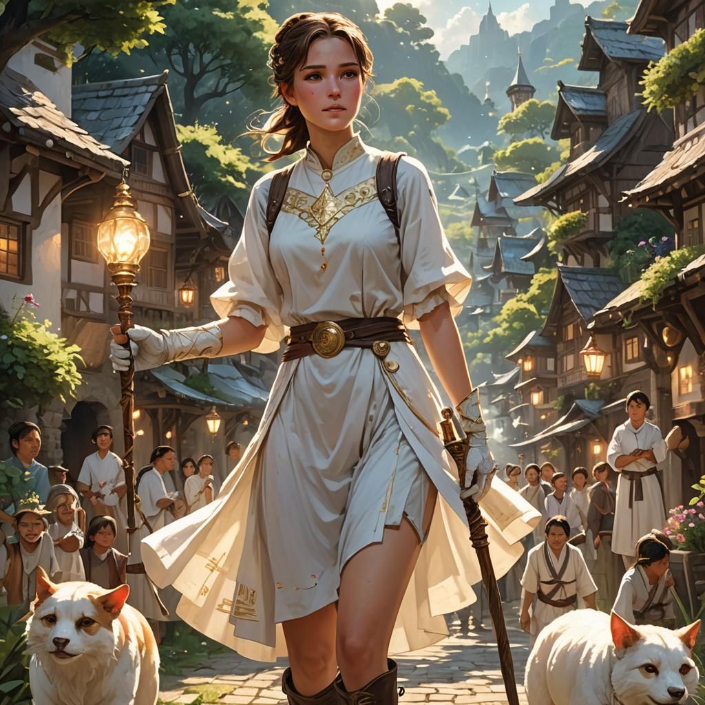 Anime-Inspired Cleric Heals Villagers in Lush Village