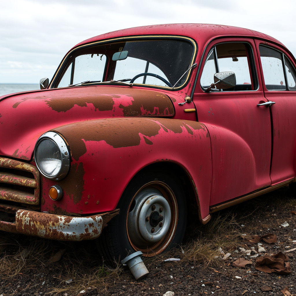 Decayed Red Car by the Sea in Grey Weather