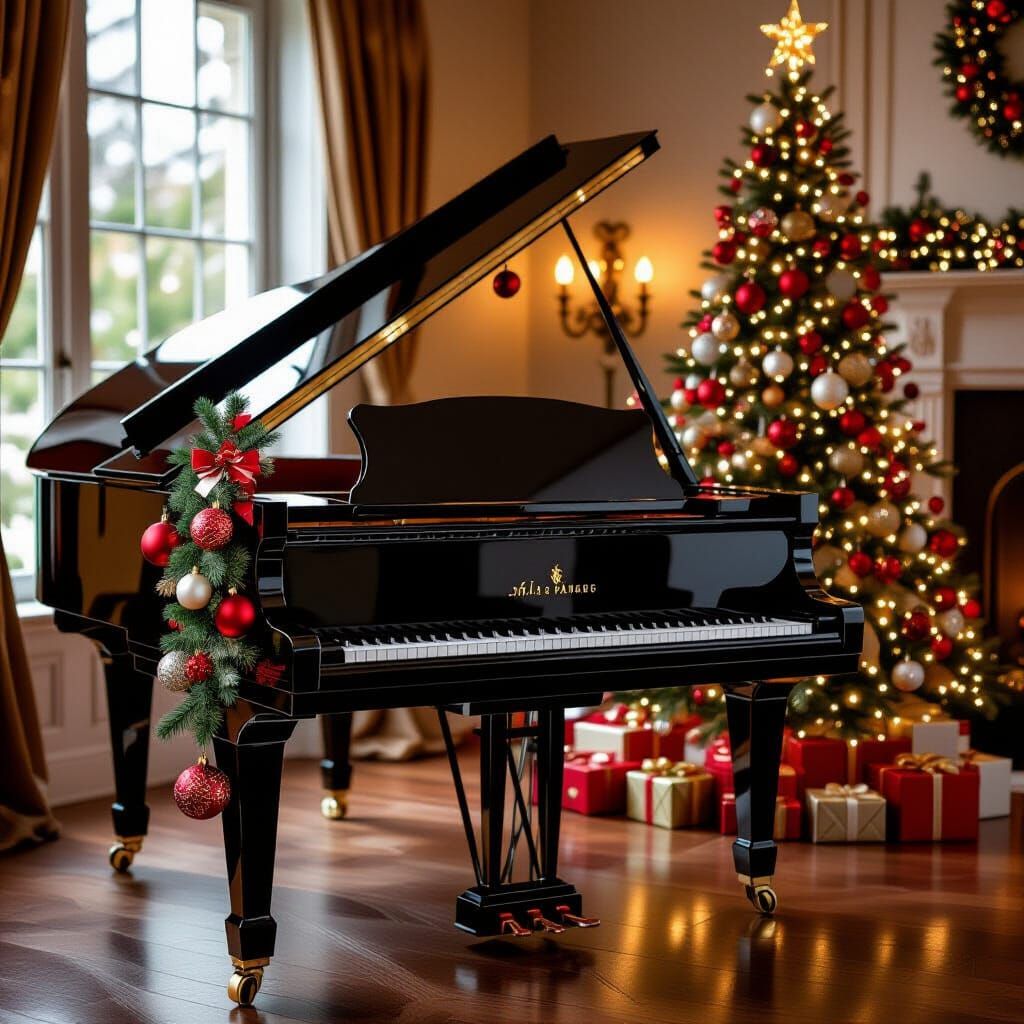Elegant Christmas Piano Scene in Art Nouveau Style