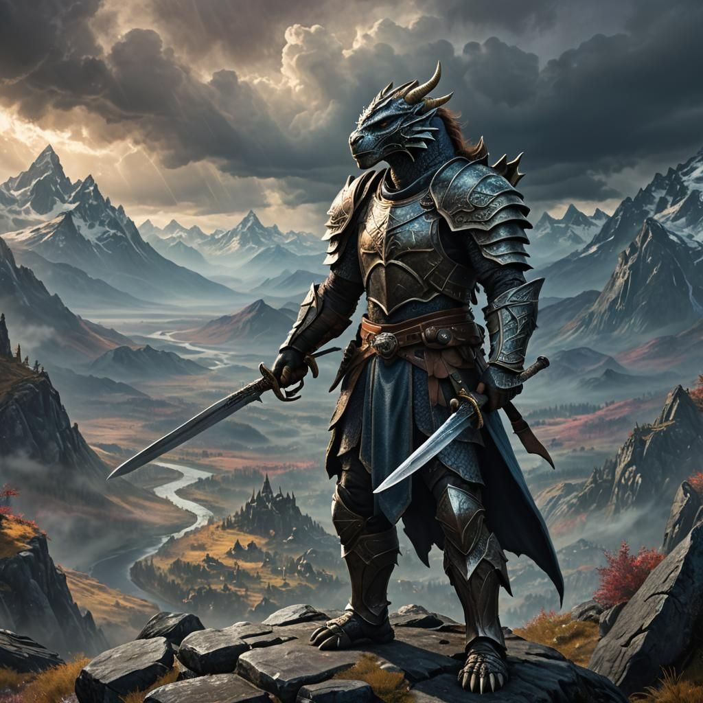 Dragonborn Overlooking Skyrim Landscape in Hyperrealism