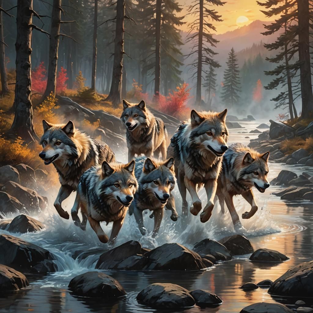 Gray Wolves Run Through Lake at Sunset
