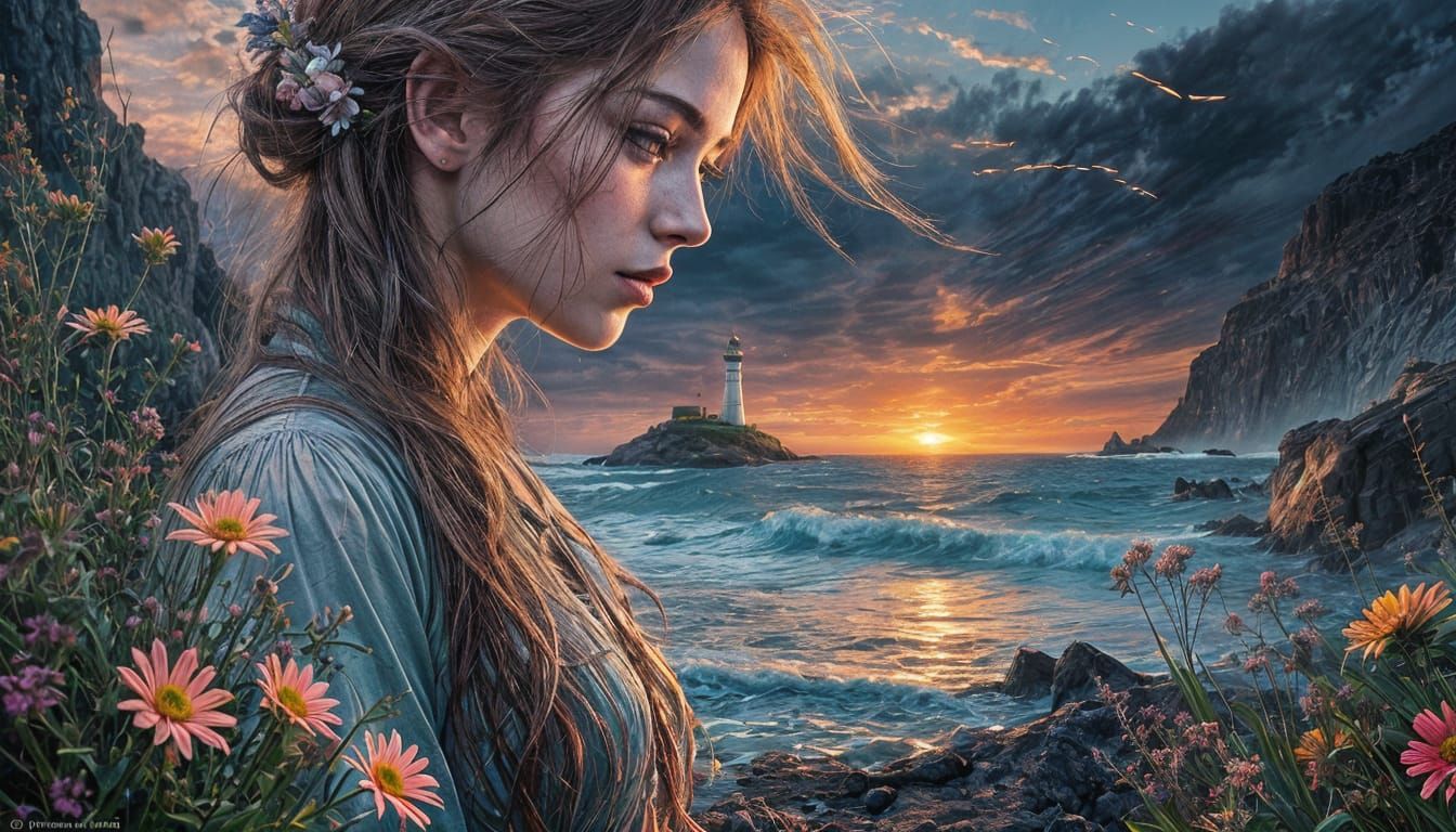 Fantasy Lighthouse Sunset in Digital Watercolor