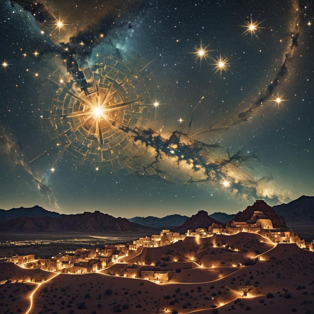 Fractal Starry Night Over Ancient Desert Town