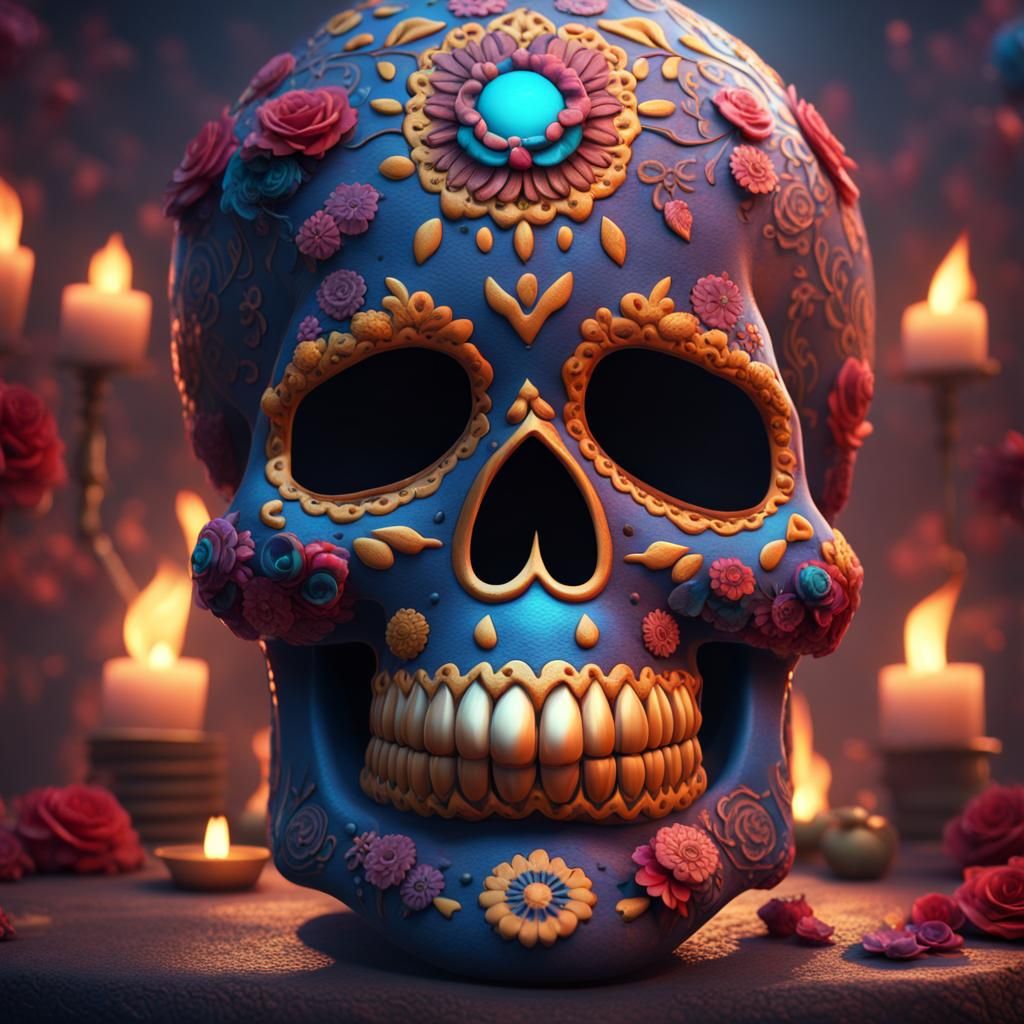 Detailed Sugar Skull Matte Painting in Deep Color