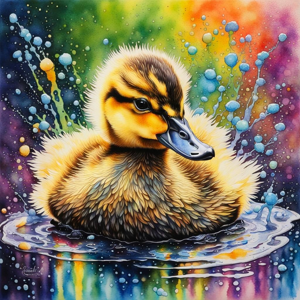 Iridescent Duckling in Watercolor Ink Splatter