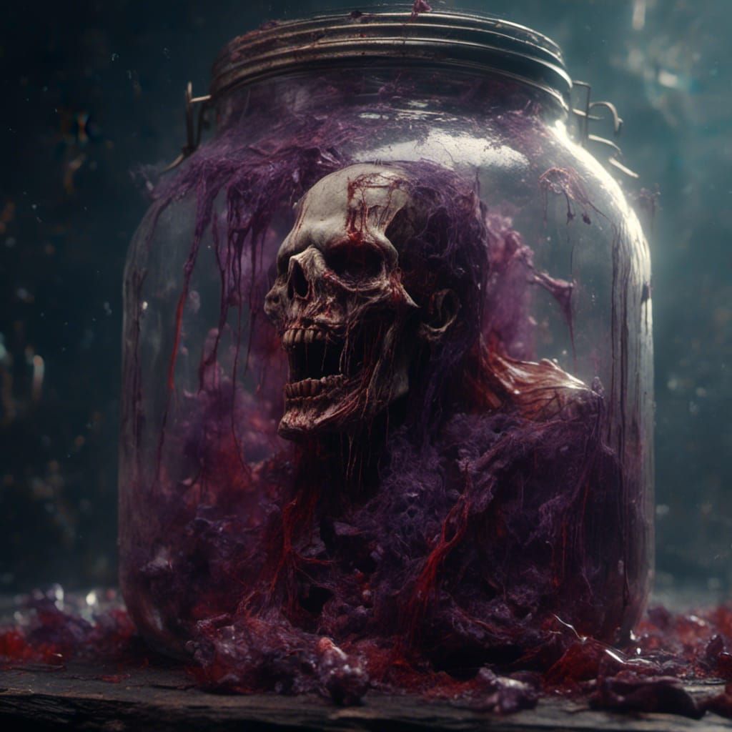 Decomposing Dracula Head in Jar, Dark Fantasy Art