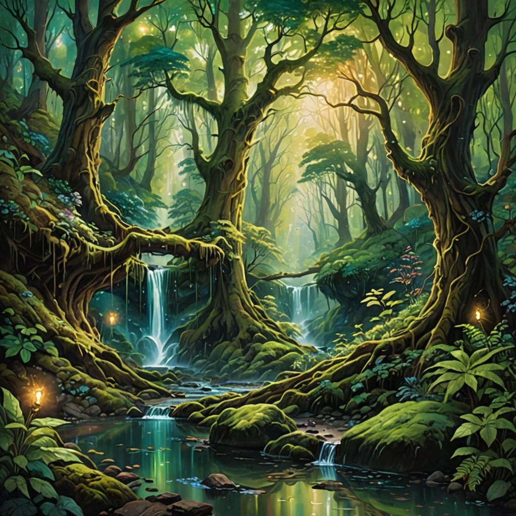 Lush Mystical Forest Scene at Dawn with Vibrant Foliage and ...