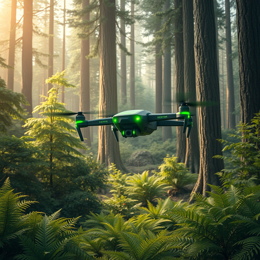 Drone Soaring Through Sustainable Forest: Futuristic Landsca...