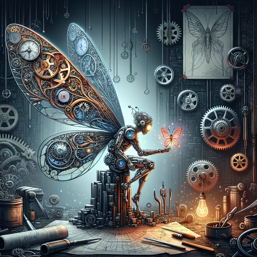 Clockwork Fairy Repairs Butterfly in Steampunk Workshop