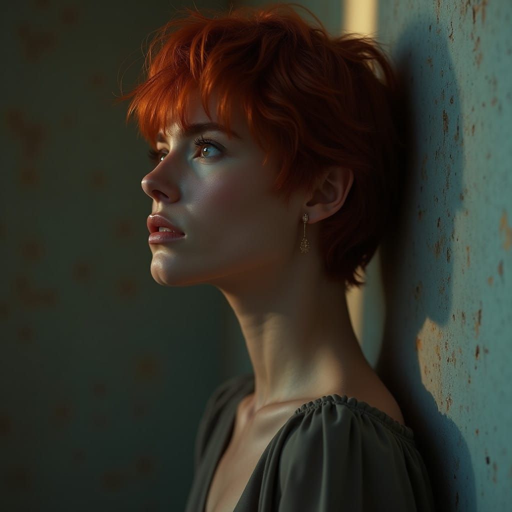 Ethereal Woman in Deep Thought, Cyberpunk Aesthetic