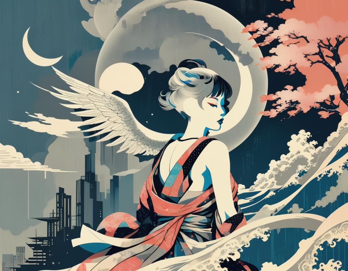 Cyberpunk Neo-Tokyo Moon Editorial Illustration