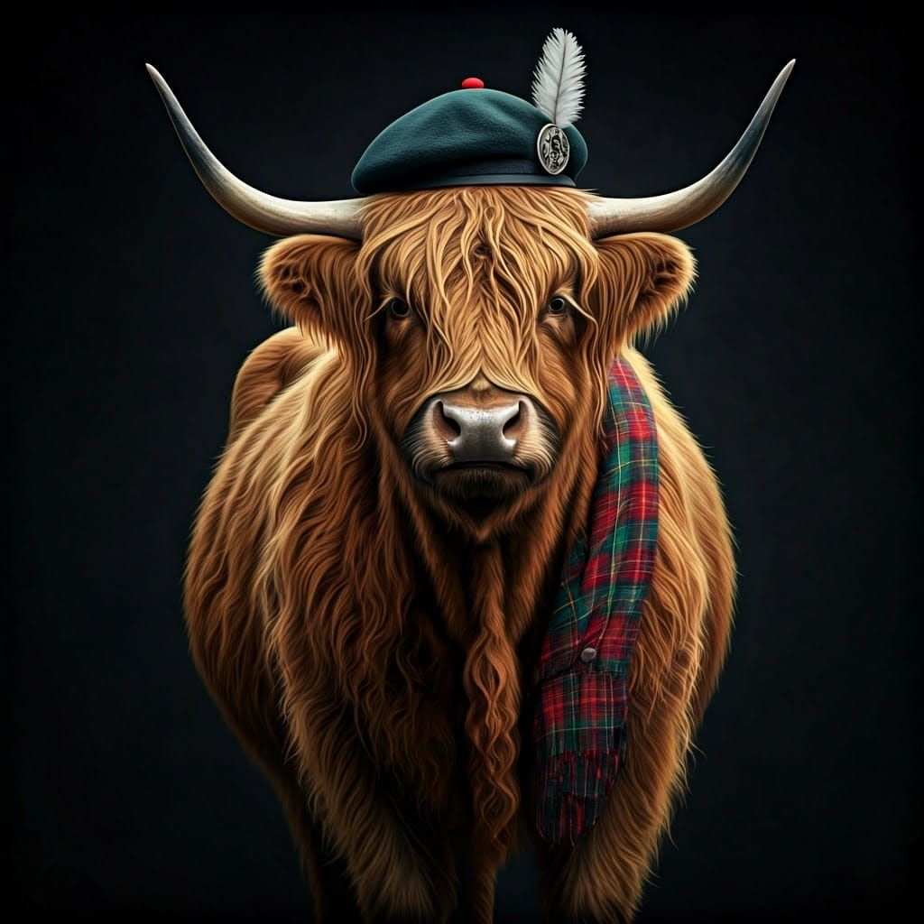 Highland Cattle in Scottish Regalia, Dramatic Lighting