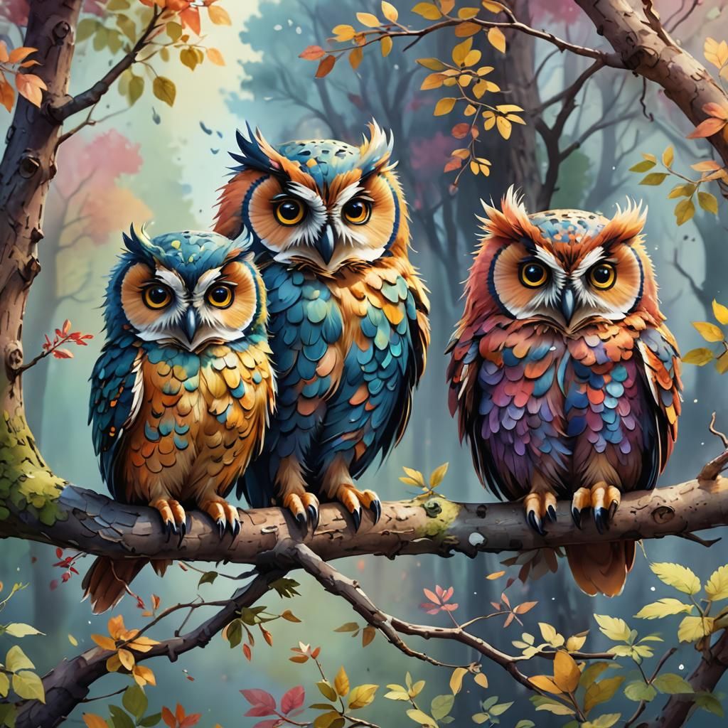 Colorful Fluffy Owls on Branch in Watercolor Style