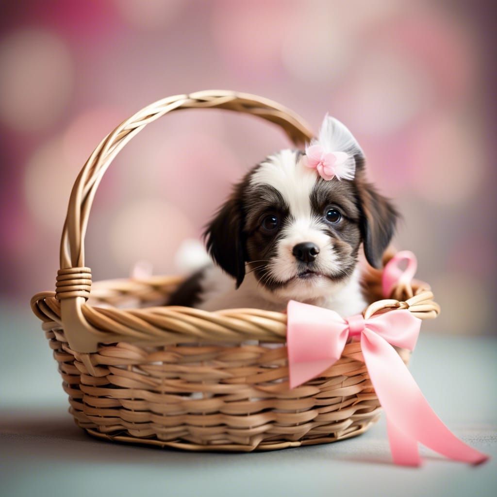 Adorable Puppy Portrait in Basket with Ribbon