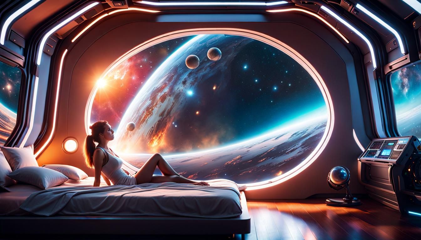 Woman Wakes in Spaceship with Galaxy View