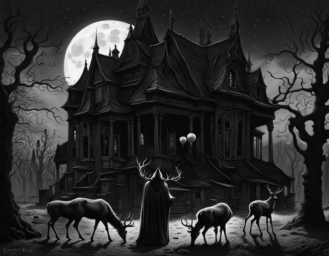 Eerie Deer-Skull Creature in Gothic Cyberpunk Cityscape