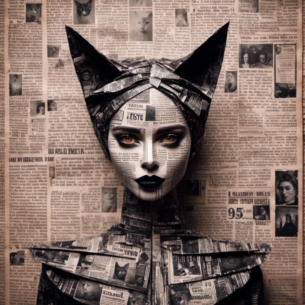 Newspaper Woman and Cat Portrait in Origami Style