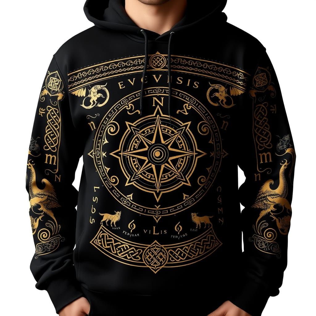 Viking Runes and Norse Motifs on Modern Black Hoodie in Cine...