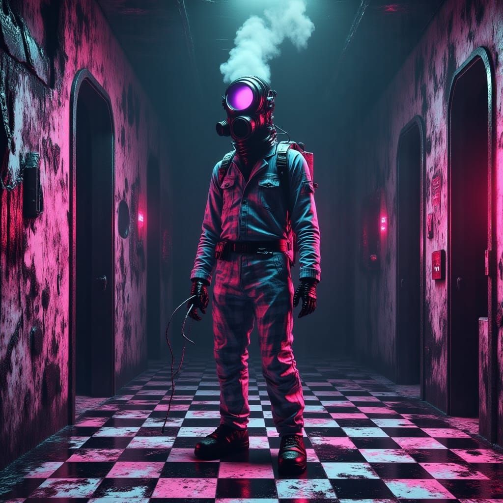 Man in Checkered Pajamas with Gas Mask