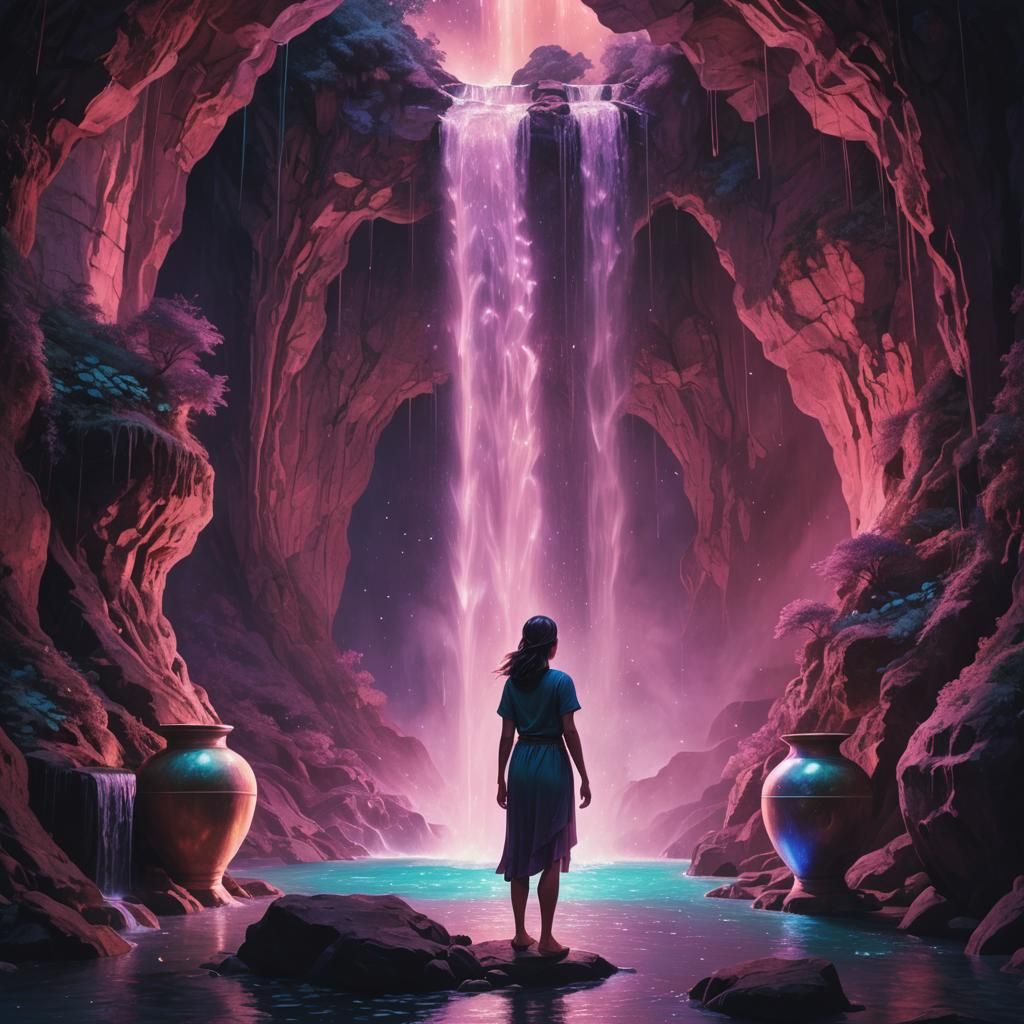 Woman and Waterfall in Cosmic Holographic Style