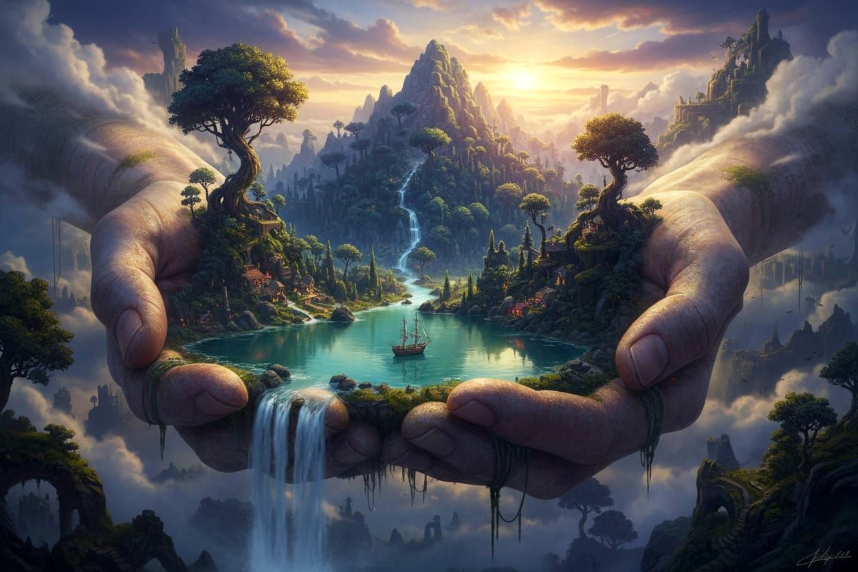 Giant Hands Waterfall Miniature Landscape Cinematic Shot