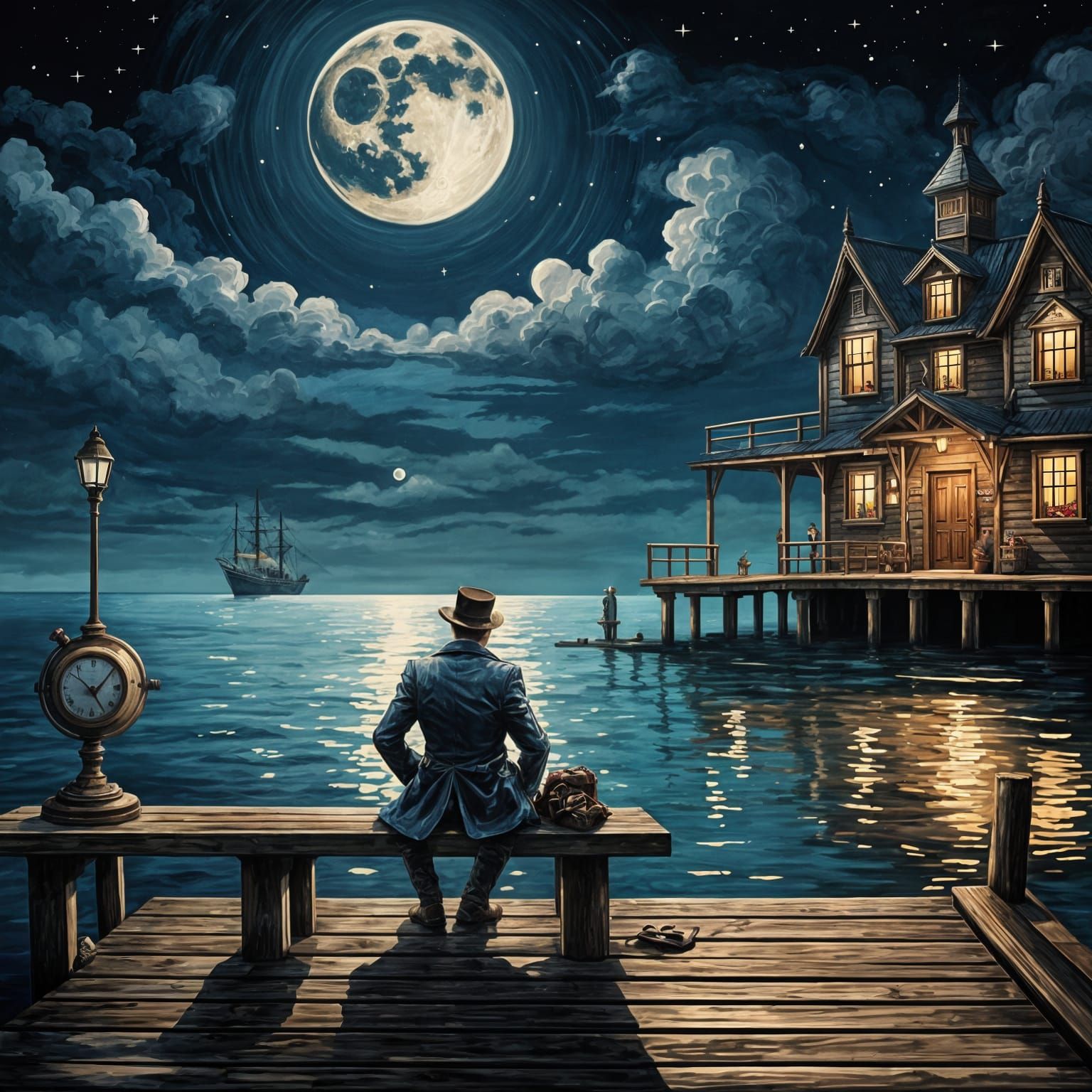 Steampunk Seascape: Man on Dock Under Moonlight