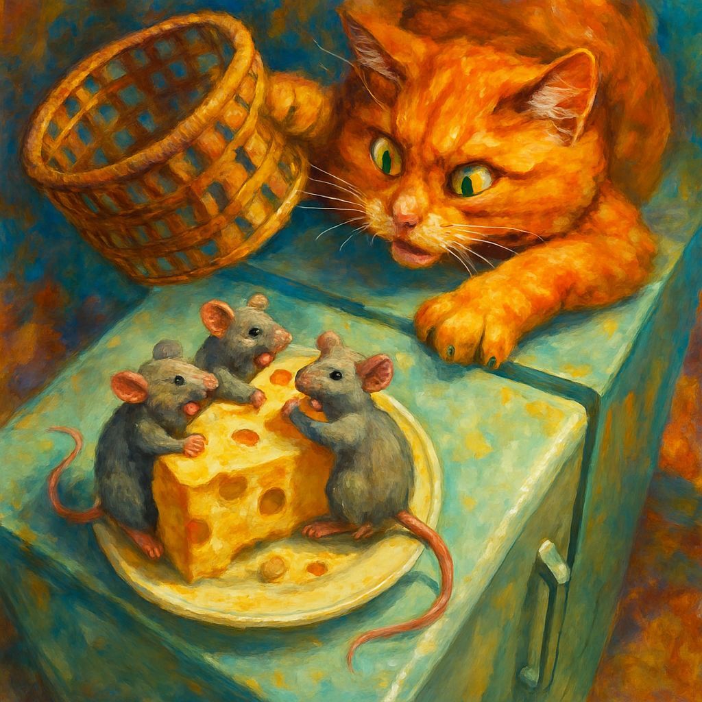 Cat Prepares to Ambush Mice Eating Cheese, Gouache Style