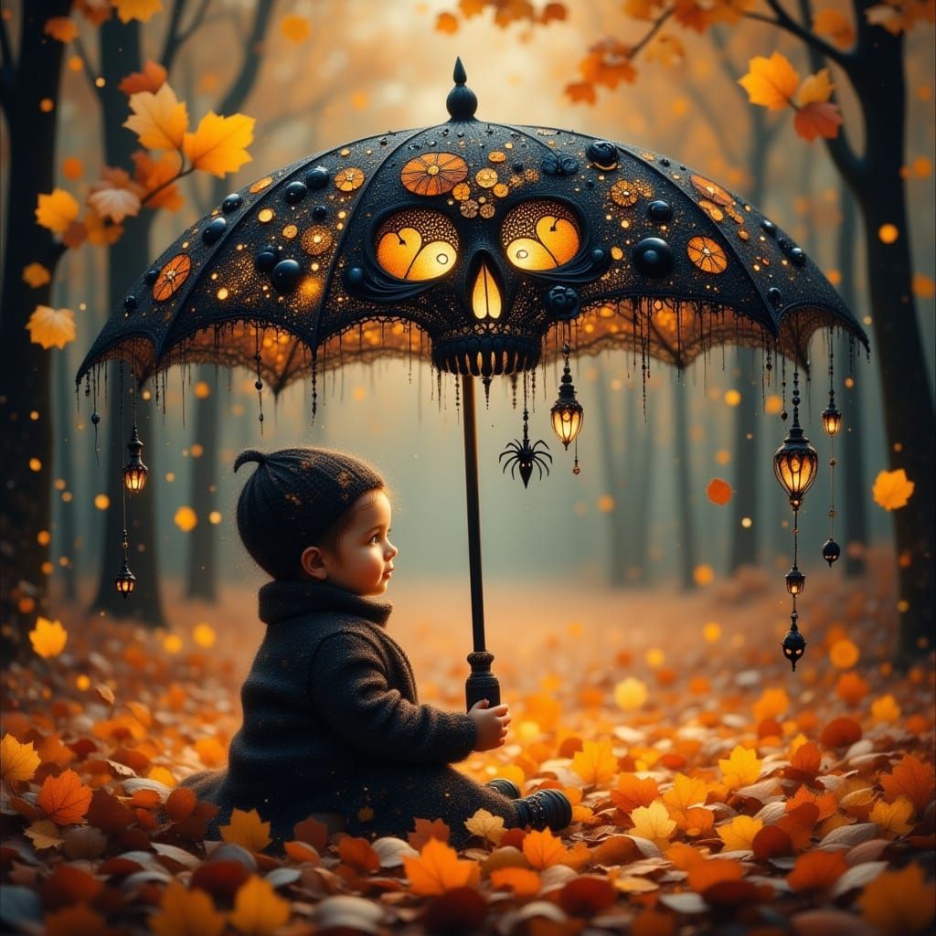Mysterious Halloween Umbrella with Toddler in Autumn Forest