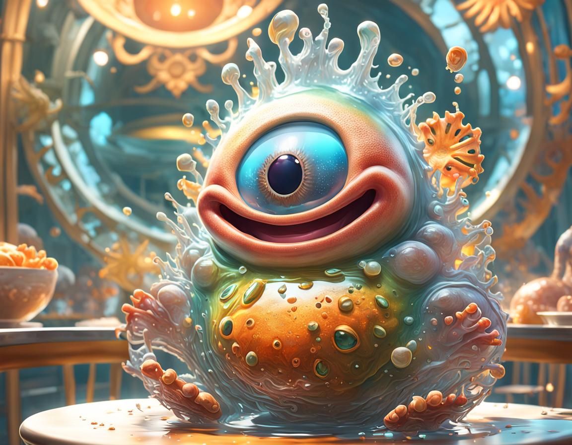 Smiling Baby Amoeba in High Chair, Detailed Digital Art