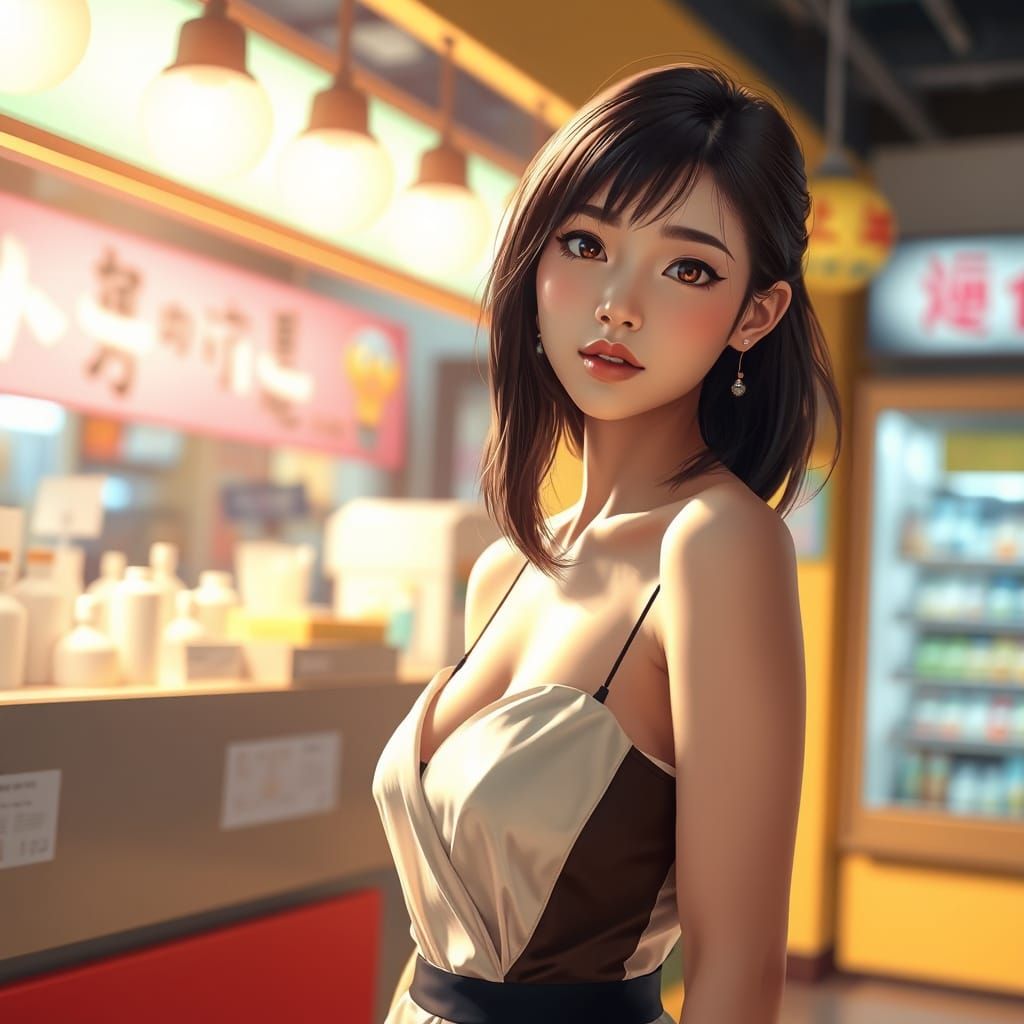 Japanese Woman in Elegant Outfit in Bright Environment