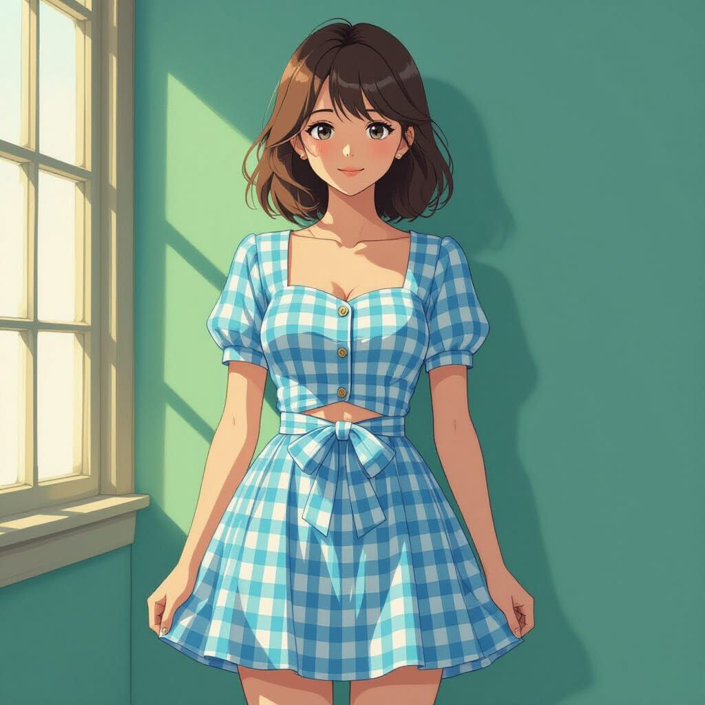 Woman in Checkered Dress, Anime Style Illustration